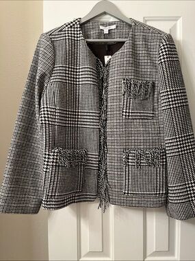 Chico's Black & White Plaid Fringe-Trim Blazer